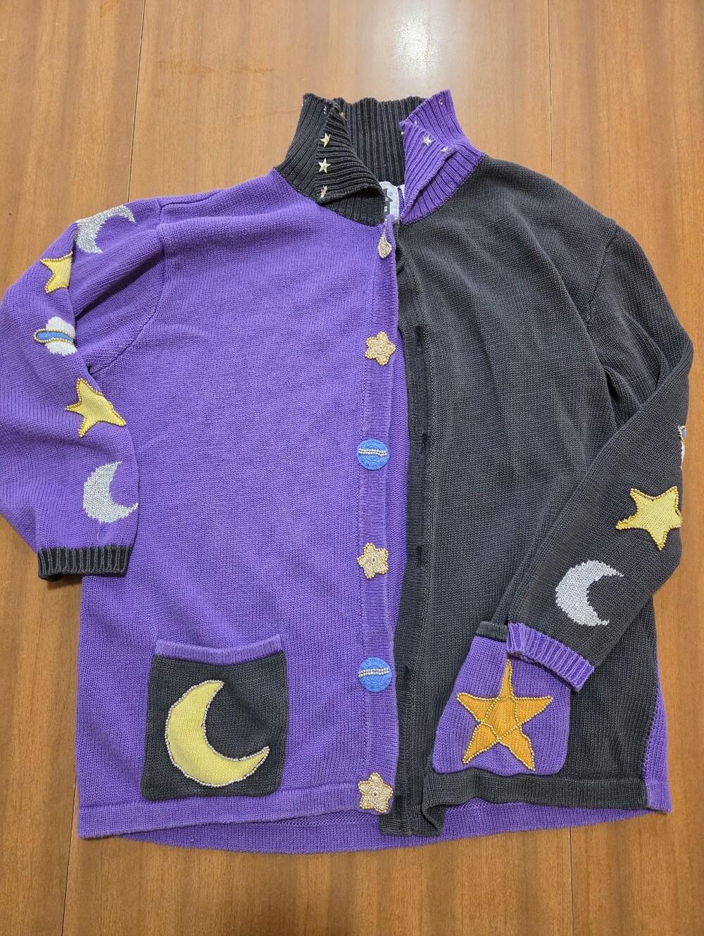 Storybook Knits Sweaters Celwstial Moon Stars Large Purple Black - Picture 2 of 12
